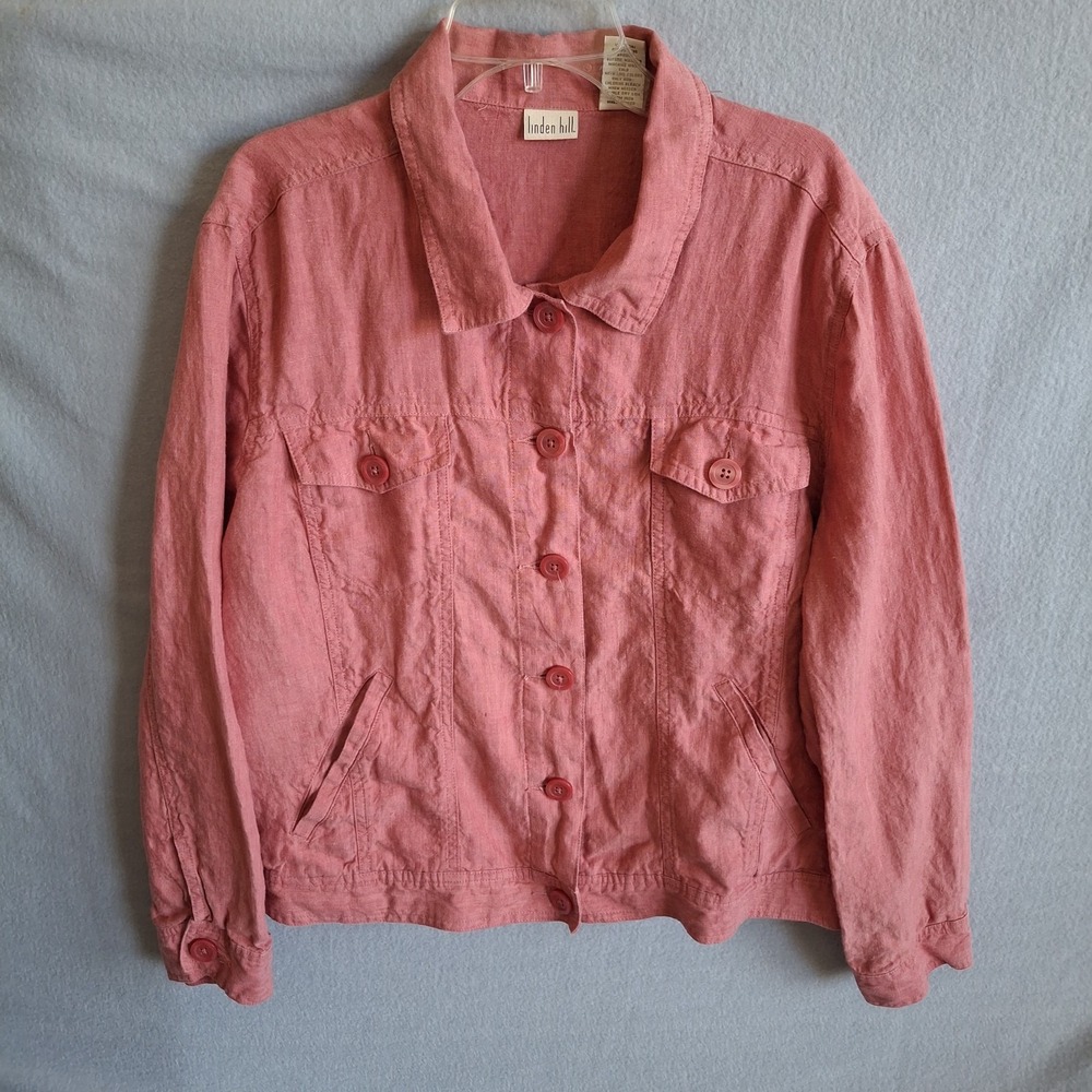 Linden Hill Womens XL 100% Linen Pink Button Front Trucker Jacket Lightweight